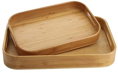 Dicunoy Set of 2 Bamboo Serving Tray, Solid Wood Breakfast Tray with Handles, Large Bamboo Food Serving Tea Trays Great for Breakfast, Coffee, Bar, Parties, 39cm L x 27cm W /32cm L x 22cm W