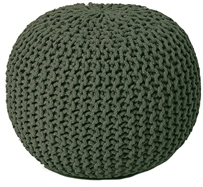 REDEARTH Round Hand Knitted Pouf - Foot Stool Bean Bag Ottoman - Cord Boho Pouffe - Poof Accent Beanbag Footrest for Living Room - Bedroom - Patio - Lounge (19.5x19.5x14) - Olive