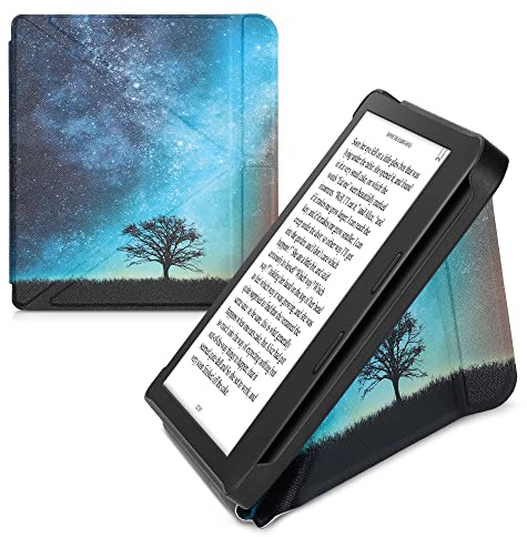 kwmobile Kunstleder eReader Schutzhülle für Tolino Vision 6 Hülle - Falt Cover für E-Reader in Blau Grau Schwarz - Galaxie Baum Wiese