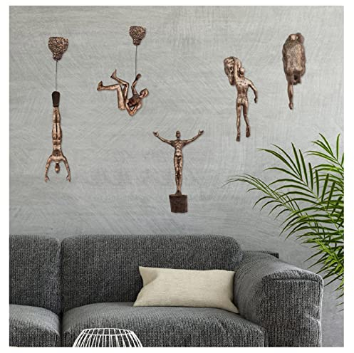6 Stück Kletterfigur zum Aufhängen mit Abseilen, Nordic Retro Kunstharz Klettermann Wandskulpturen Figur, Wandbehang Dekofigur Figur Männer Kletterwand Statue Figuren Zuhause Büro (Bronze, 6 Stück)