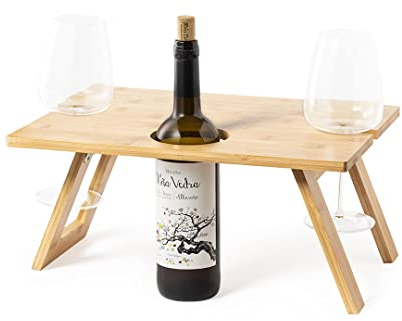 4P Retail - Mesa Plegable de Bambú | Compartimento para Botella de Vino y 2 Soportes para Copas | Fácil Plegado y Tamaño Compacto | Materiales Sostenibles