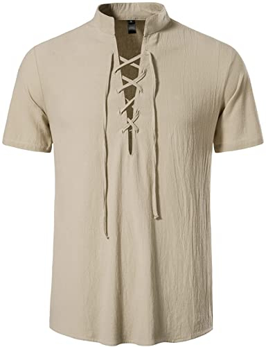 LucMatton Herrenhemden aus Baumwolle, traditioneller Retro-Stil, zum Schnüren, kurzärmelig, für Mittelalter, Wikinger, Hippie-Matching, Khaki, XL