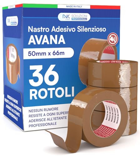DNK TRADE Nastro Adesivo Per Imballaggi Pacchi 36 pcs 50mm×66m Nastro da Imbalaggio Silenzioso Resistente all'Acqua. (AVANA)