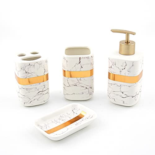 Bargain Shack Durable 4pcs Marble Bathroom Set, Vanity Countertop organizer, Contemporary Accessories set, Tooth Brush Holder, Soap Dispenser, Soap Dish & Tumbler. (Gold)