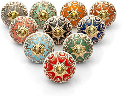 Craft Trade Assorted Multicolor Ceramic Knobs for Cabinet Drawers Cupboard Furniture Kitchen Vintage Colorful Dresser Door Handle Indoor Home Décor - Pack of 10