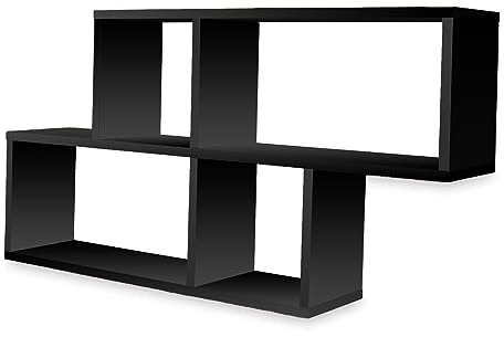 Coemo Wandregal Schwarz 'Ernie' Bücherregal Holz | MDF 4 Fächer Hängeregal Schweberegal für Wohnzimmer, Schlafzimmer und Küche