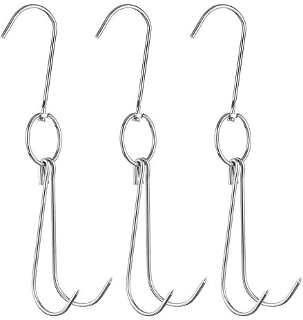 sourcing map 9.45'' Double Meat Hooks, 0.13'' Thickness Stainless Steel Smoker Hook Tools for Grill Cooking Fish Chicken, Pack of 3