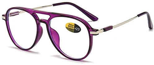 Lanomi Stylish Pilot Style Reading Glasses Women Men Plastic Double Bridge Blue Light Blocking Readers Eyeglasses Dark Purple 3.5