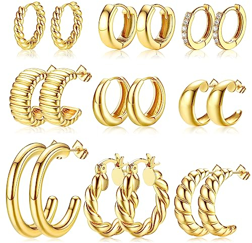 MILACOLATO 9 Paare Ohrringe Silber/Gold Creolen Damen Leichtgewicht 14K Gold Vergoldet Chunky Hoop Ohrringe Multipack Hypoallergen Twisted Huggie Hoops Ohrring Set Schmuck für Geschenke