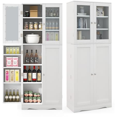 KOMFOTTEU Hochschrank Vitrinenschrank Holz, Küchenschrank Badezimmerschrank mit Glasstür & Regal, Aufbewahrungsschrank für Wohnzimmer Büro Küche 60x31,5x161,5 cm (Weiß)