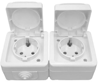 Enchufe de montaje en superficie de 2 vías, color gris, ideal para la conexión de dispositivos eléctricos en interiores y exteriores.
