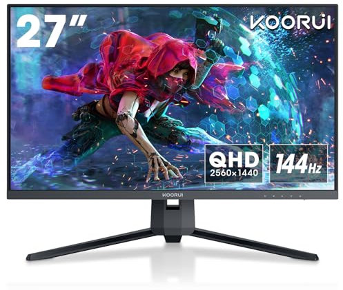 KOORUI 27 Inch Gaming Monitor 144 Hz, 2K QHD(2560x1440), MPRT 1ms, AdaptiveSync, DCI-P3 90%, SRGB100%, VESA Mountable 75x75mm, Eye Care, HDMI, DisplayPort, Black