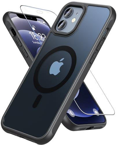 OWKEY Compatible with iPhone 12 Case, iPhone 12 Pro Case for Magsafe with Tempered Glass, [Shockproof Military-Grade] Translucent Matte Back Magnetic Slim Cover Phone Case for iPhone 12 (Pro),Black