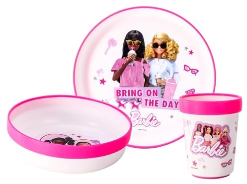 Barbie 3pcs Reusable Bicolor Premium Kids Dinner Tableware Set Plate, Bowl & Tumbler, BPA Free