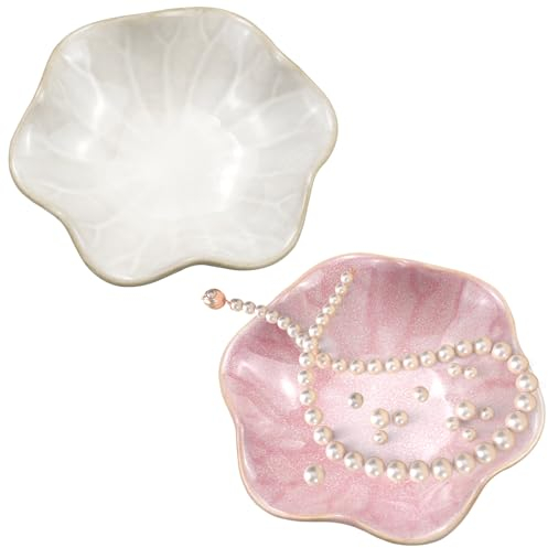 Zfseyuh 2 Stück Schmuckschale,Rosa Weiß Schmucktablett,Keramik Tablett Deko,Keramik Schmuck Tablett Schmucktablett zur Aufbewahrung von Schmuck und Armbändern