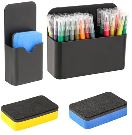 Jeffdad Stifthalter Magnetisch, 2 Stück Magnetischer Stifthalter mit 2 Whiteboard Schwamm, Stiftebox Whiteboard Zubehör Marker Halter Pen Container für Kühlschrank Magnettafel (Schwarz)