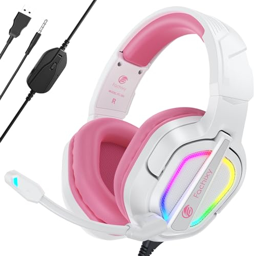 Fachixy FC200 Casque Gaming pour PS5, PS4, PC, Xbox, Nintendo Switch, Casque PS5 avec câble et lumière RGB, Casque stéréo Surround avec Micro, Noise Cancelling Gamer Headphones - Blanc Rose