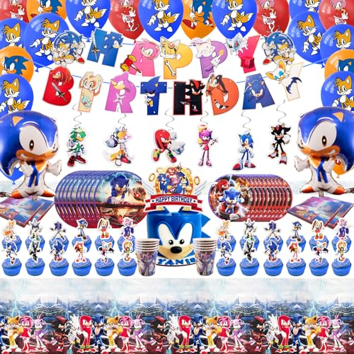Suonic 133 PCS Theme Decorations - Birthday Banner, Foil Balloons, Paper Cups, Cake Toppers, Party Plates, Tablecloth
