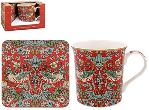 Mug and Coaster Set Red Floral Birds Vintage Flowers Art William Morris Ceramic