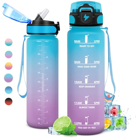Gourde 1L, Gourde Sport, Gourde avec Paille Réutilisable Réutilisable, Bouteille d'eau avec Marqueur de Temps, Water Bottle pour Adulte, l'école, Cyclisme, Voyage, Camping, Fitness, Yoga, Bureau