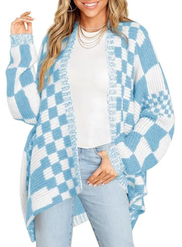 Imily Bela Damen Strickjacken Übergroße Plaid Cardigan Color Block Pullover Batwing Langarm Elegante Pullover Outwear Blau S