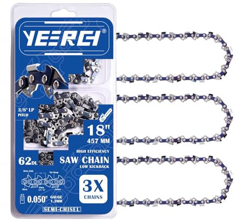Yeerch 18 Inch Chainsaw Chain 3/8 LP Pitch, .050 Gauge, 62 Drive Links, Fits for Poulan, Kobalt, Echo, Ego, Greenworks and More 18 Saw Chain (3 Chains, Semi-Chisel)