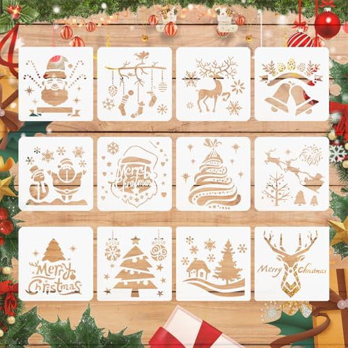 FainFun Pochoirs de Noël, 12 PCS Pochoir Flocon de Neige, Pochoir de Noël pour Fenetre, Pochoir Noel Peinture pour Noël, Vacances d'Hiver, Portes et Fenêtres, Cartes de Vœux, Scrapbooking (13*13cm)(C)