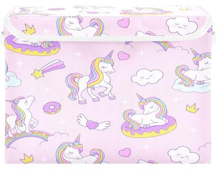 Grckit Storage Bins with Lids, Unicorn Pink Foldable Storage Cube Boxes Fabric Storage Organizer Basket for Home, Bedroom, Office, Closet (16.5x12.6x11.8 In)