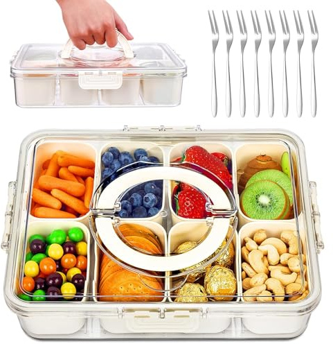 iTYOOS Snack Box with Lid, Divided Serving Tray, 8 Compartments, Stainless Steel Forks, White, 28x21x6.5cm