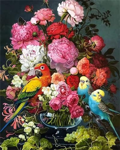 Zuooyi Pivoine Rose Peinture par Numéros pour Adultes, Perroquet Peinture Numero Adulte Kits, DIY Kits de Peinture à L'huile pour Cadeaux et Décoration Murale de la Maison 30x40cm (Sans Cadre)