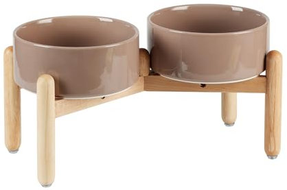 Havniva Ceramic 7.3inch Raised Double Bowls Set with Wooden Stand, Food & Water Bowls for Medium Breed Dogs, Weighted Dog Dishes, Pet Feeder(Brown Coffee)
