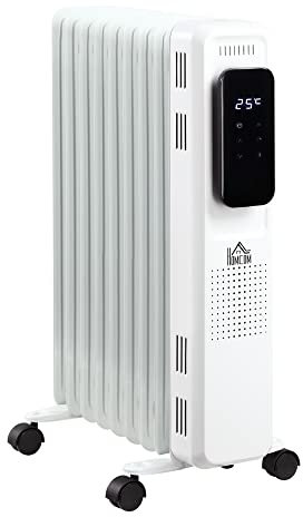 HOMCOM Radiador de Aceite 2180W Calentador de Aceite 3 Modos con 9 Elementos Control Táctil Termostato Pantalla LED Ruedas y Temporizador 24H Superficie 20 m² 42,5x24x63 cm Blanco