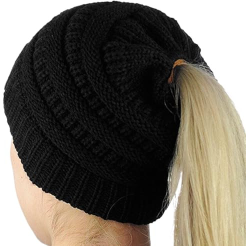 ZEPIQOR Damen Beanie Mütze mit Zopfloch, Mütze mit Zopfloch, Mütze mit Loch für Zopf Damen, Strickmütze für Pferdeschwanz, Ponytail Beanie gestrickte Wintermütze, für Ihren Pferdeschwanz