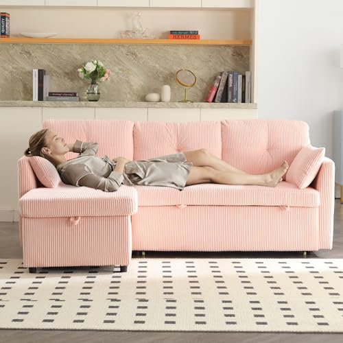 YESGIGA Multifunktionales Schlafsofa mit Stauraum und ausziehbarem Bett, Chaiselongue-Wechselsofa, Sektionssofa mit Stauraumsitzen (Rosa+Velvet)