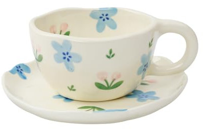 Koythin Tasse à café en céramique avec soucoupes, motif fleurs faites à la main, jolie tasse pour fille et femme, tasse esthétique avec poignée, pour latte, cacao, bureau, maison (fleurs bleues et