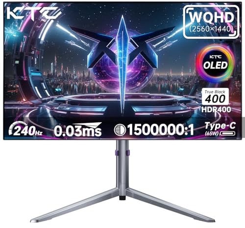 KTC Monitor Gaming OLED 27 Pollici WQHD 1440P - 65W USB C (Supporta l'uscita video), 240Hz / 0.03ms, 100% DCI-P3, DisplayHDR True Black 400, Adaptive Sync, Doppio altoparlante incorporato - Bianco
