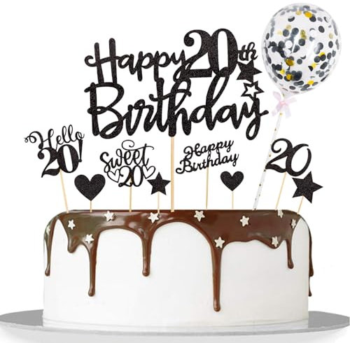 Catelves Tortendeko 20. Geburtstag Mann Frau,10 Stk Glitzer Cake Topper 20 Geburtstag Deko Schwarz,Happy 20th Birthday Kuchendeko,Sweet 20 Torten Deko,Stern Hello 20 Cupcake Topper 20 Jahre Mann