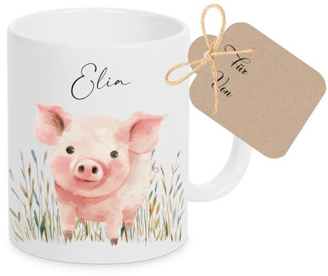 Manufaktur Liebevoll Tasse mit Namen Kinder Kindertasse mit Namen Becher Keramik Mädchen Junge Namenstasse Ferkel Bauernhof Geschenk
