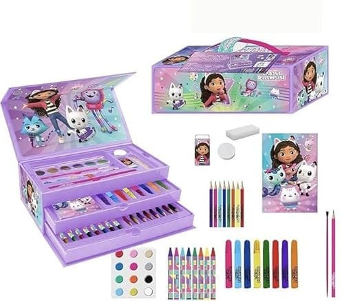Gabby's Dollhouse Malset für die Schule, komplett mit Filzstiften, Buntstiften und Zubehör mit Charakteren der Serie für kreative Kinder, Gabby's Dollhouse Koffer, 26.0x10.0x13.0 cm, Lizenzprodukt