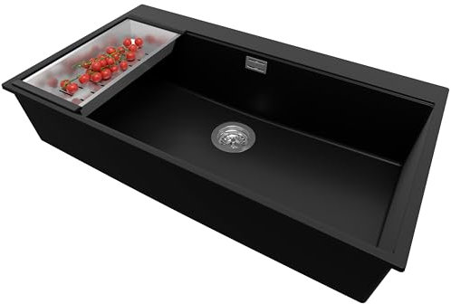 PRIMAGRAN Lavello da Cucina Nero 88x50cm, Lavandino da Cucina a 1 vasca + Sifone Classico, Lavabo da Cucina Incasso al mobile 90cm - Oslo