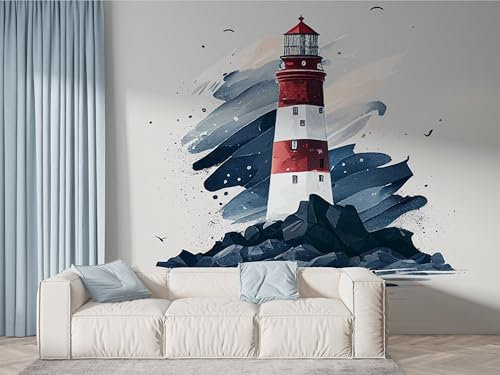 Leuchtturm Aquarell Tapete, Kunst Fototapete, Navigation Wandpapier, Vliestapete Selbstklebende Wand Deko, Motivtapeten Schlafzimmer Wohnzimmer, 100x70 cm - N-143