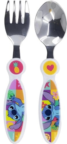 Set posate in acciaio inossidabile atossico 2 pezzi cucchiaio e forchetta per bambini (Stitch)