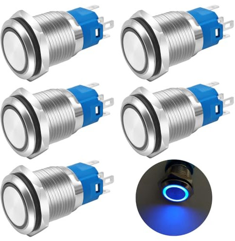 Gebildet 5 Unidades Pulsadores Metálicos de 16mm con LED Azul, Resistentes al Agua, 12V-24V/5A, 1 NA, 1 NC, Encendido/Apagado, para Orificio de Montaje de 5/8