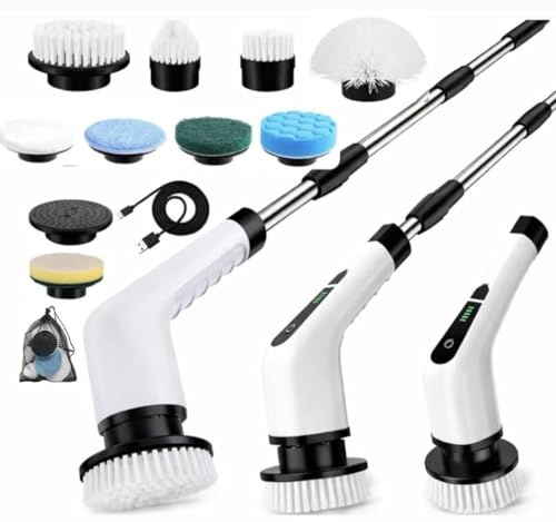 Brillex Electric Spin Scrubber with 9 Replaceable Brush Heads and 400 rpm High Speed, Extendable Long Handle Rechargeable Cleaning Brush for Bathroom, Kitchen, Tile and Floor