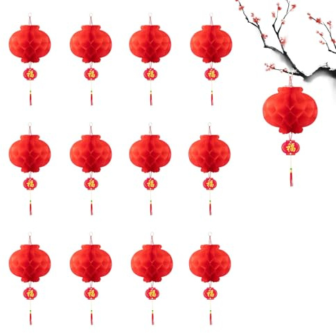 12 Piezas Iinternas Chinas, Faroles Chinos de Color Rojo, Decoraciones de Linternas de Papel Faroles Colgantes, Decoraciones de Año Nuevo Lunar, Restaurantes(25cm)