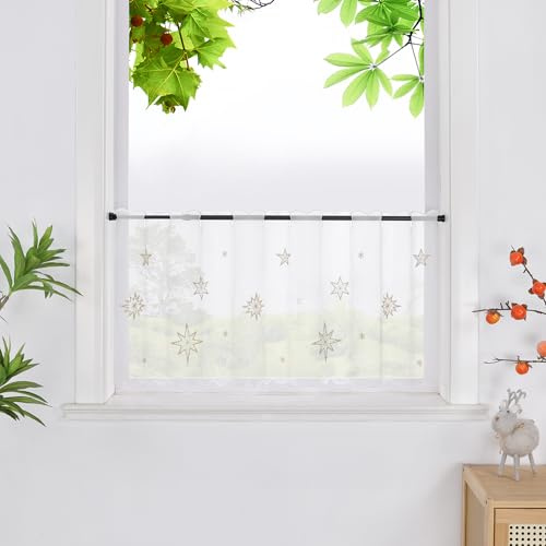 HeichkelL Scheibengardine mit Sterne Transparente Gardine Weihnachten Kurzstores Bistrogardine mit Stickerei Gold HxB 45x120 cm