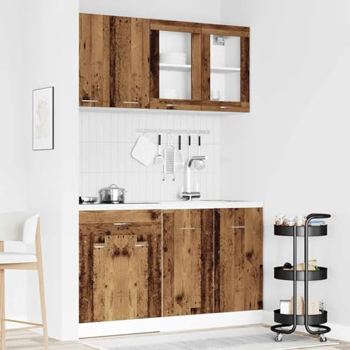 Hommdiy 4-TLG. Küchenschrank-Set Lyon Altholz-Optik Schrank Küchenschrank Holzwerkstoff Küchenzeile Küchenmöbel Unterschrank Ohne Geräte