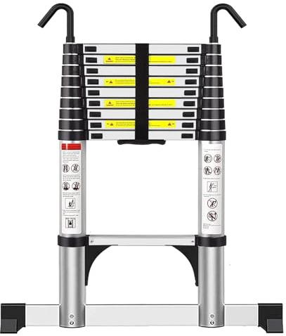 Telescoping Ladder 2.9M Aluminium Loft Ladder, Ladders Extendable | Max Load 150kg/330lb, Portable Folding Ladder with Stabilizer Bar, Detachable Hooks and Non-Slip Feet for Roof Attic Caravans