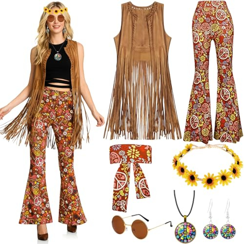 WyfdcTzr 8PCS Hippie Kostüm Damen,Faschingskostüme Damen Mit Hippie Hose,Fransenweste,Brille,Halskette,Schal,Ohrringe,Karneval Kostüm Damens Hippie,60er-70er Jahre Outfit Damens Für Karneval