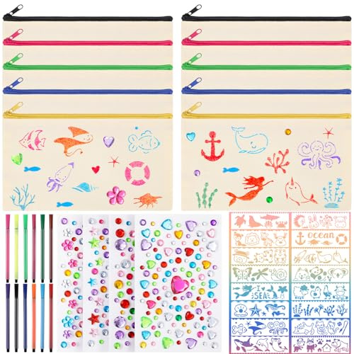 Vyuwast Mäppchen zum Bemalen, 10 Stück DIY Stoff Federmäppchen Blanko | Mäppchen zum Bemalen mit 12 Farbigen Stiften,16 Malen Schimmel und 4 Aufklebern für Make up Taschen,Aufbewahrung Schreibwaren